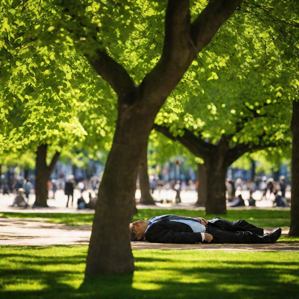 Бизнесмен спит под деревом в парке