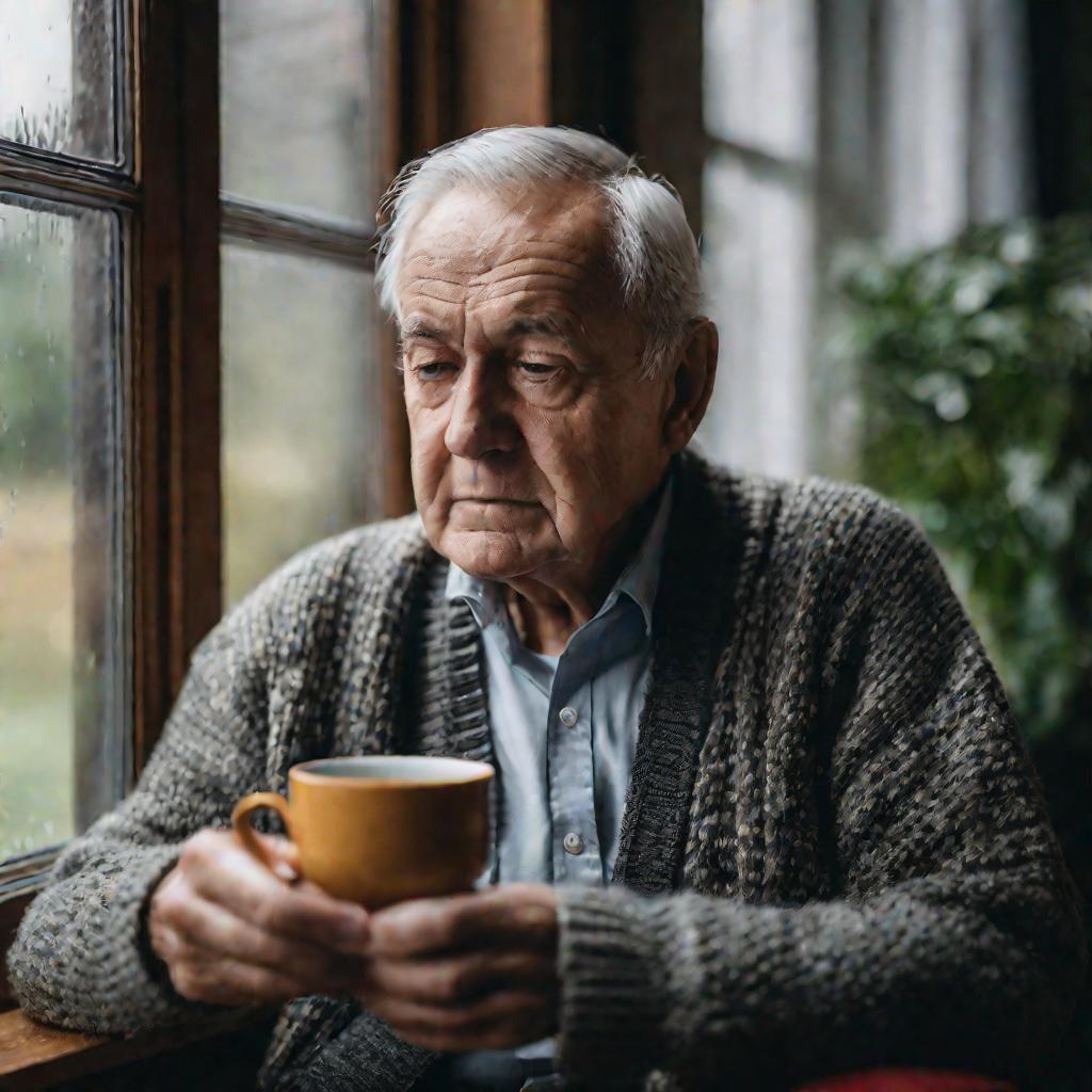 Портрет пожилого мужчины у окна в дождливый день