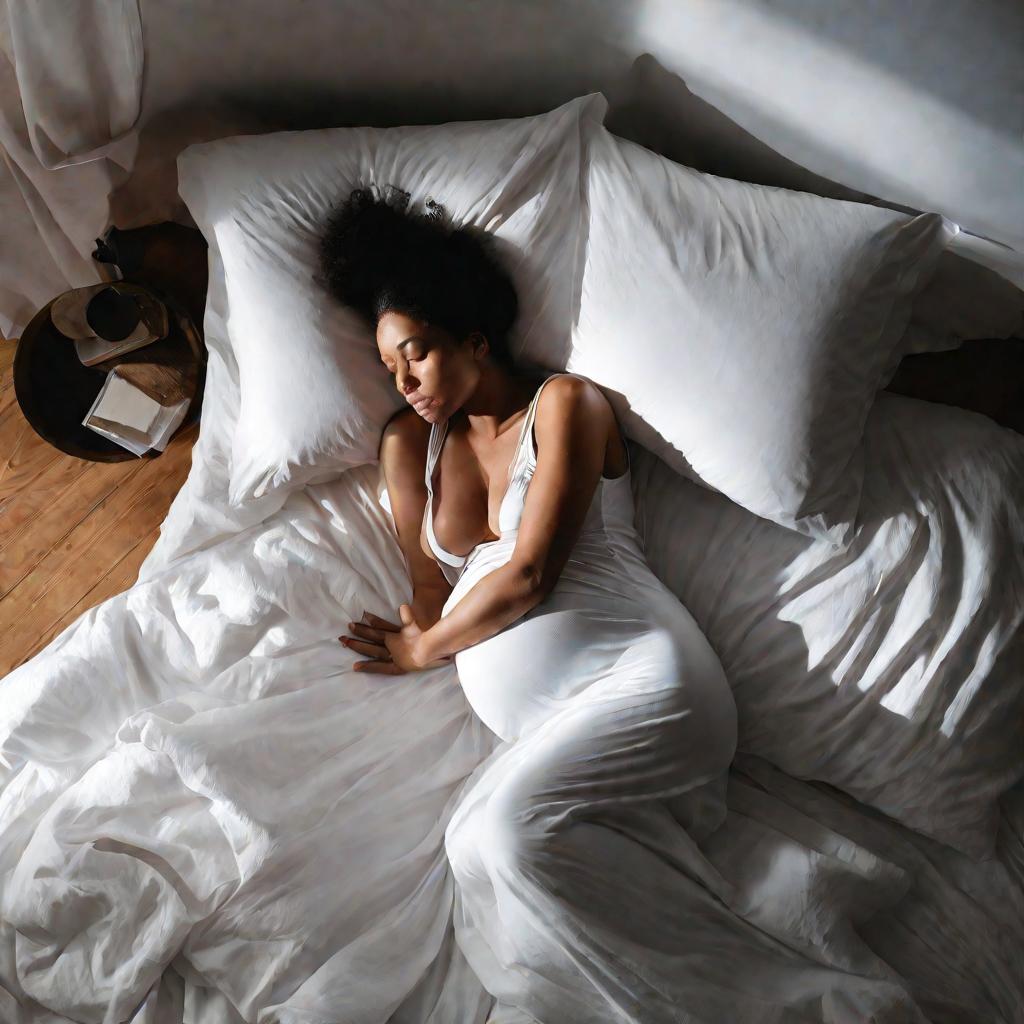 Беременная женщина лежит в постели с тревожным выражением лица