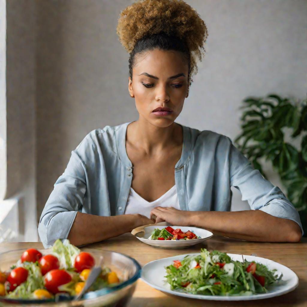 Женщина сидит за столом смотрит разочарованно на тарелку с салатом, на стене календарь с отмеченными 2 днями