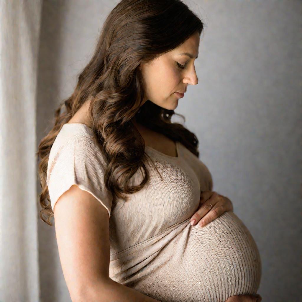 Беременная женщина кладет руку на живот