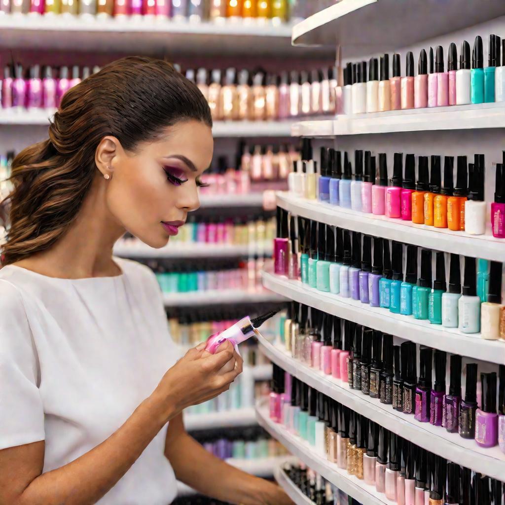 Женщина выбирает клей для ресниц в магазине косметики