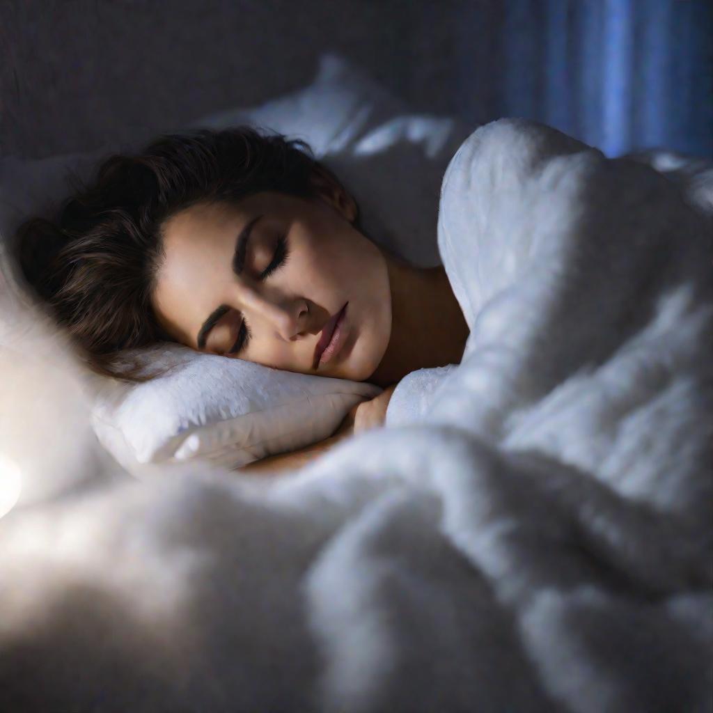 Женщина мирно спит на боку в лучах лунного света, одетая в пижаму под мягким белым одеялом