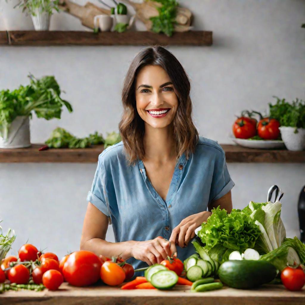 Женщина готовит овощной салат дома