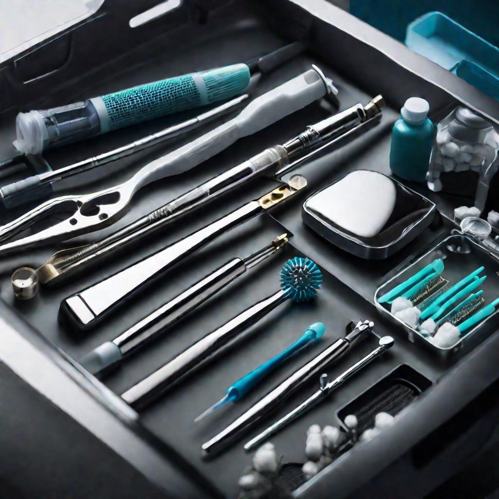 Поднос стоматолога с различными инструментами и материалами для лечения.