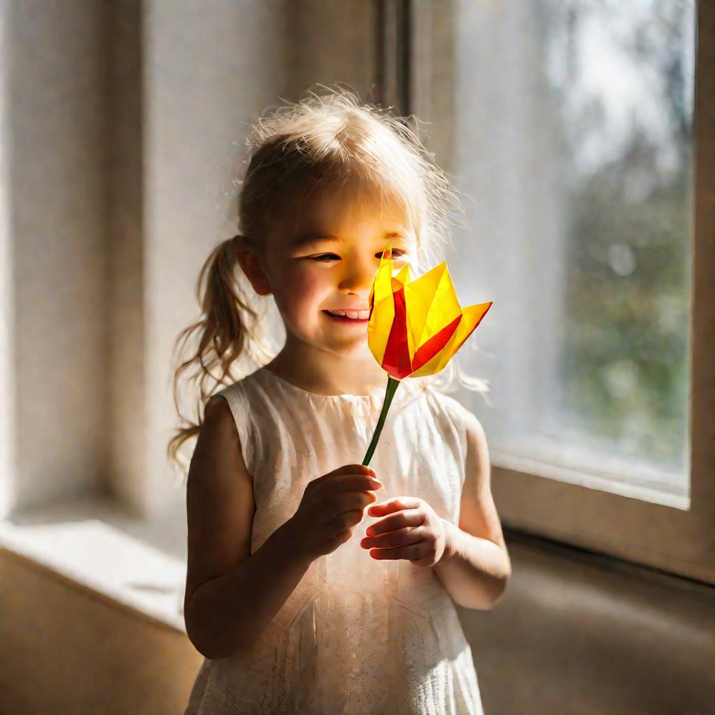 Девочка держит желтый бумажный тюльпан