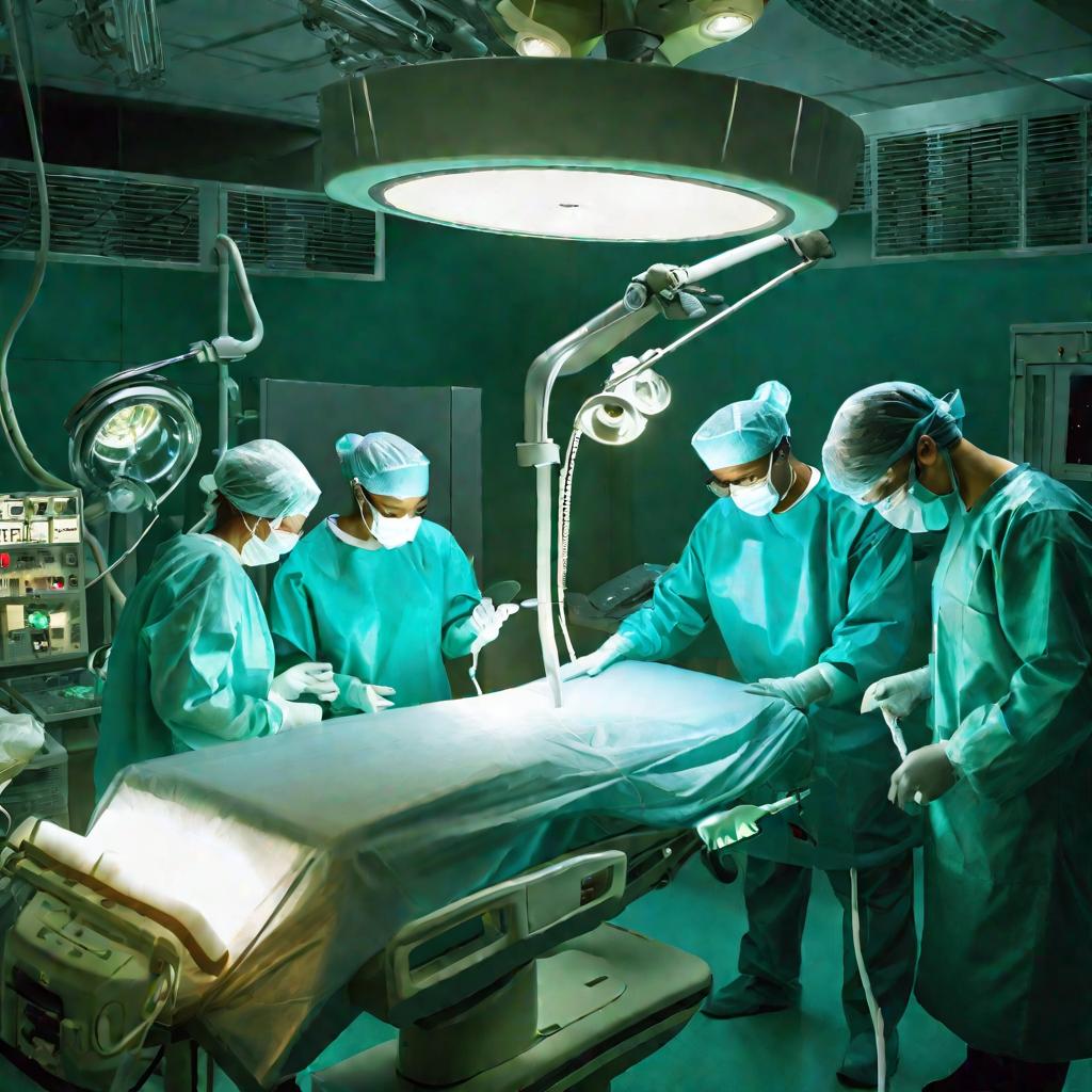 Операционная с хирургами, оперирующими паховую область