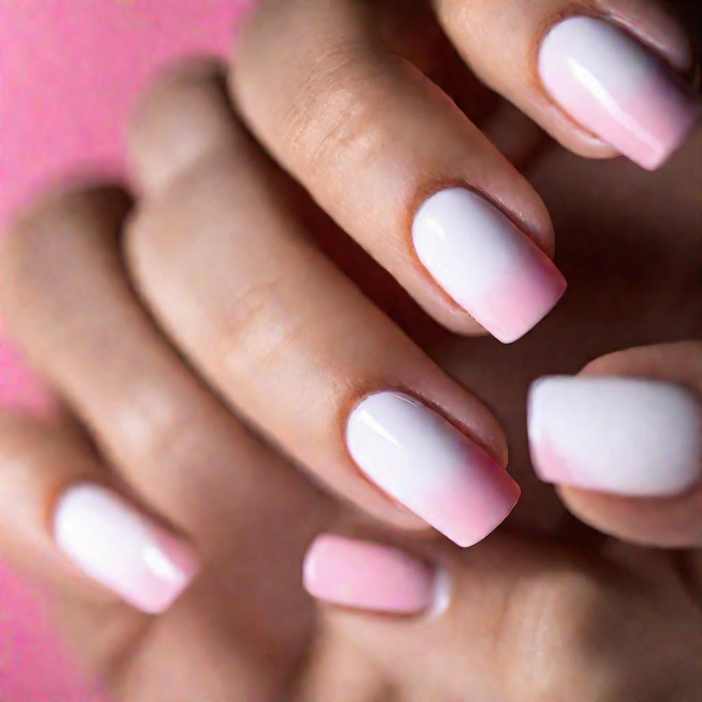 Красивые женские руки со стильным розовым и белым французским маникюром.
