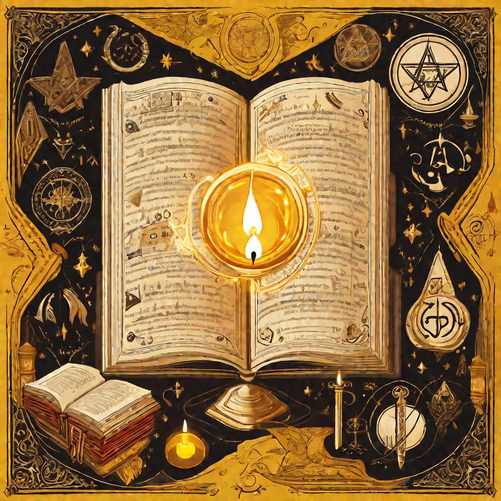 Вид сверху-крупным планом открытой книги с таинственными символами и диаграммами, освещенной светом свечи ночью. Желтое мерцающее пламя свечи освещает древние символы и рисунки магических инструментов и ингредиентов, используемых в мистических ритуалах.