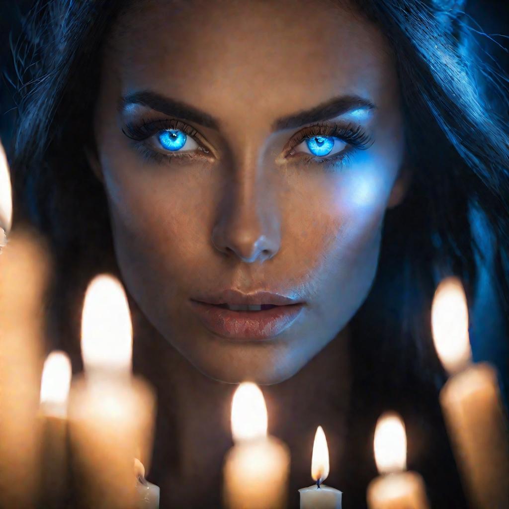 Крупный портрет мистической женщины с голубыми глазами, пристально и мудро глядящей, со свечами и светящимися огнями вокруг ее лица, освещающими ее кожу.