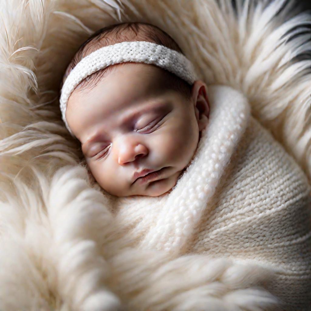 Новорожденный младенец спит спокойно, завернутый в мягкое белое одеяло