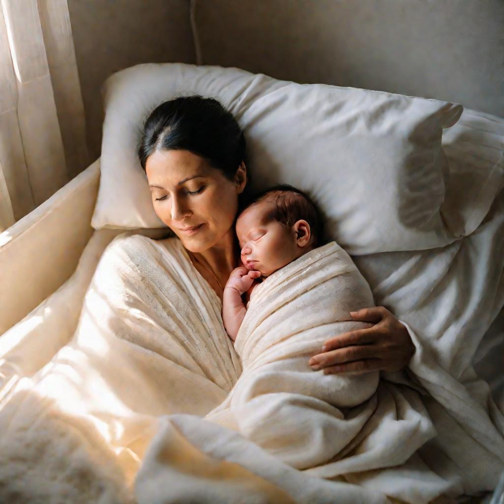 Мать держит новорожденного ребенка на руках в роддоме