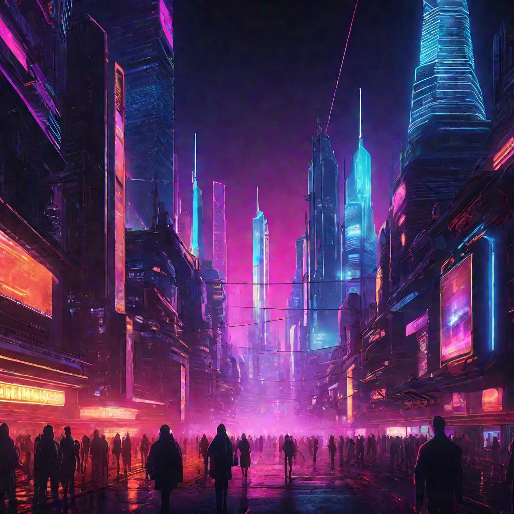 Фантастический город ночью с неоновой подсветкой