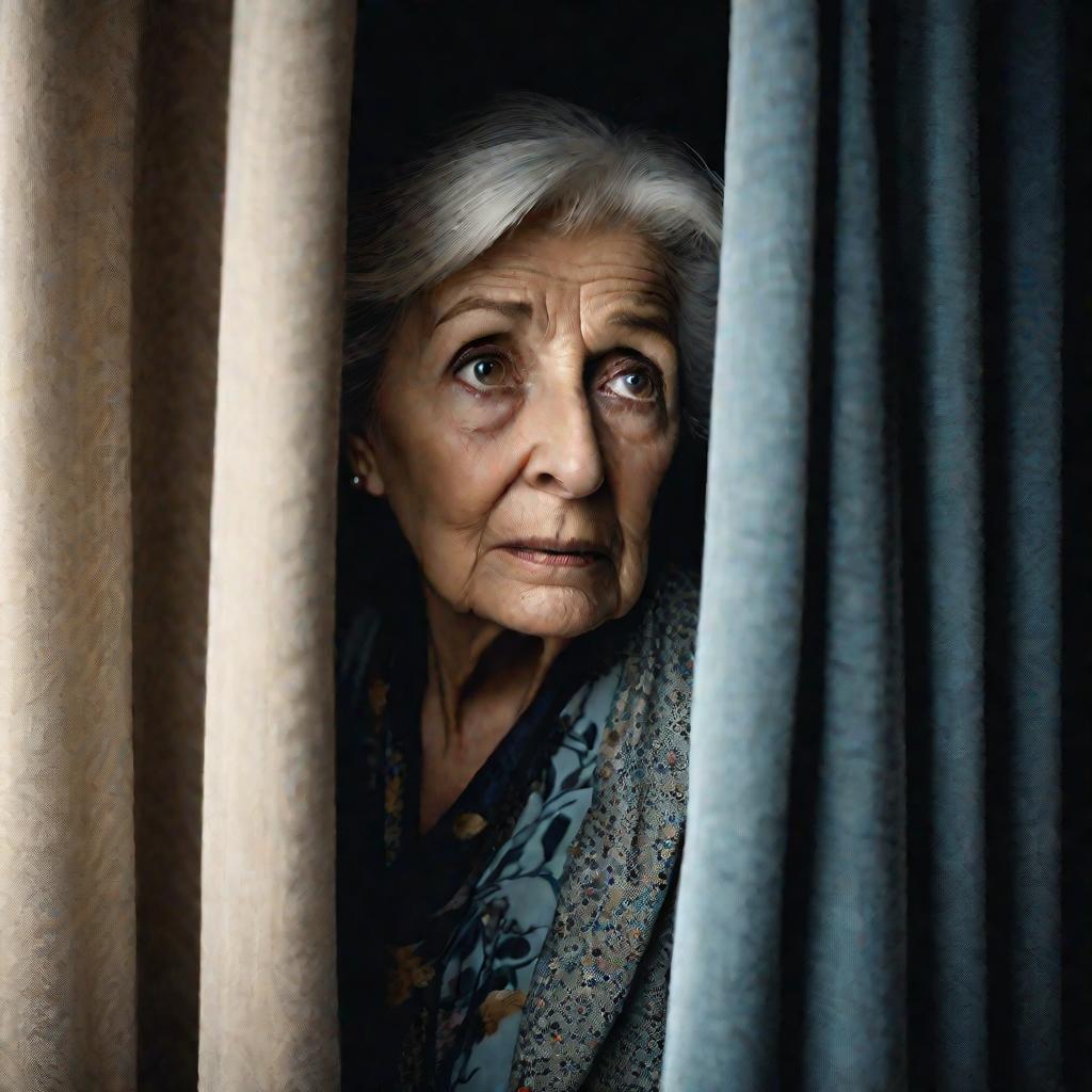 Подозрительная пожилая женщина подглядывает в окно своего дома