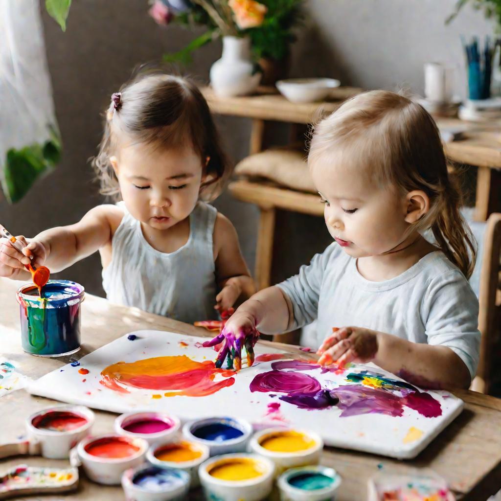 Мама с 2-летней дочкой рисуют пальчиковыми красками вместе за столом, играя с яркими цветами и руками, чтобы создать искусство и укрепить связь между ними