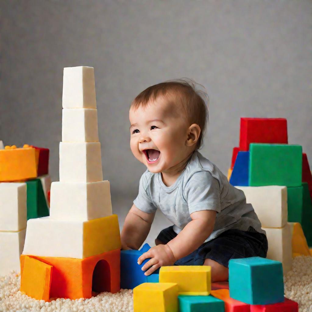 Смеющийся мальчик полутора лет строит башню из больших разноцветных поролоновых кубиков разных форм. Средний план сверху, изображающий всю сцену при ярком теплом студийном освещении.