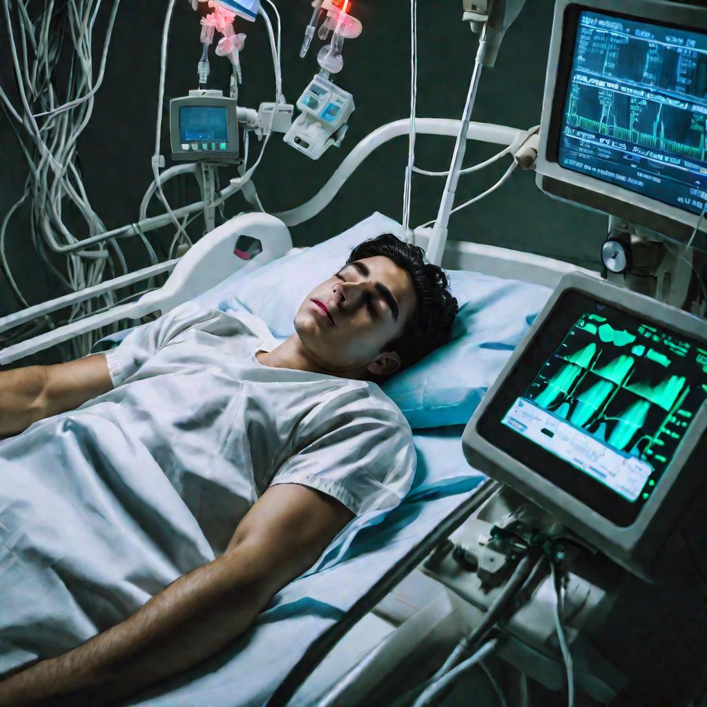 Вид сверху на молодого мужчину, лежащего на больничной койке с закрытыми глазами, подключенного к капельнице и монитору.
