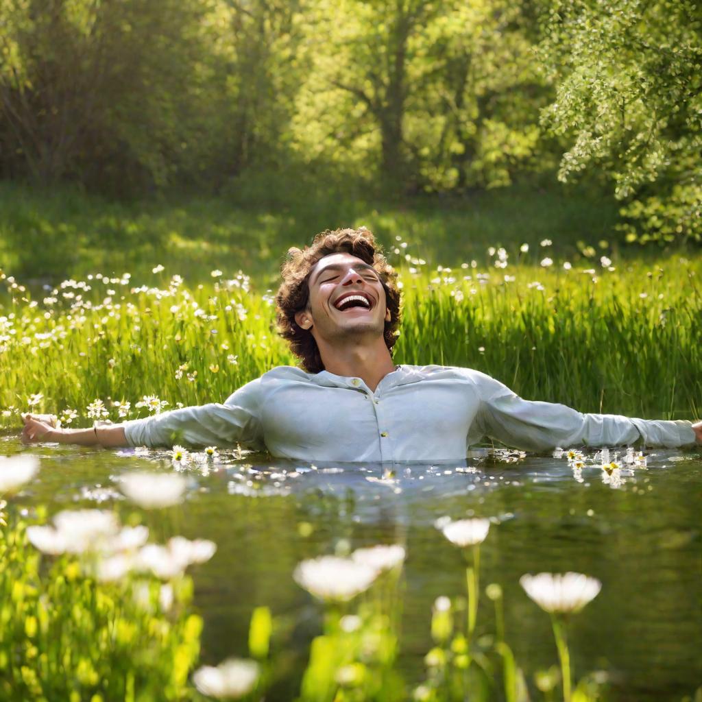 Молодой человек, плавающий на спине в ручье на лоне природы