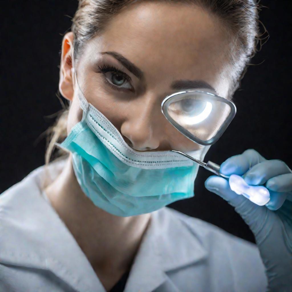 Портрет женщины-стоматолога-гигиениста с зондом и зеркалом в руках