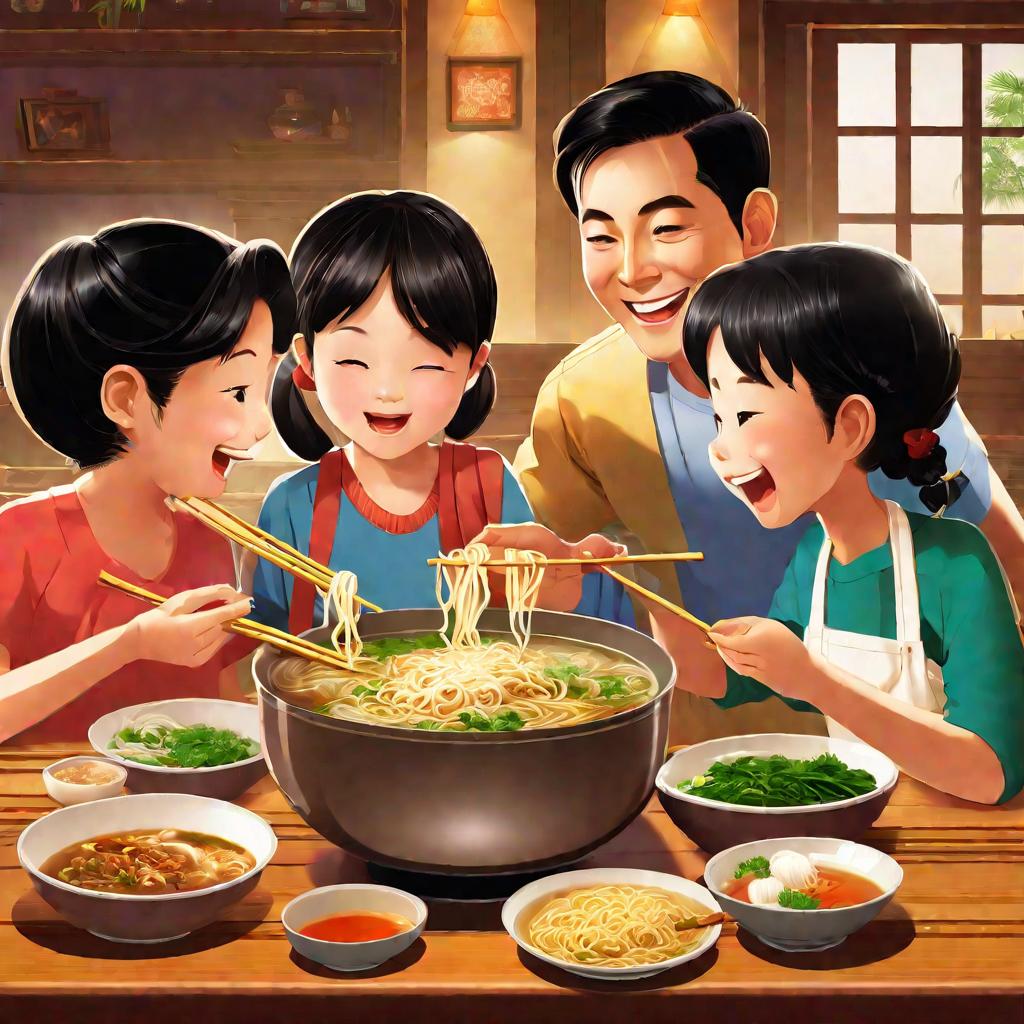 Семья ест суп с макаронами