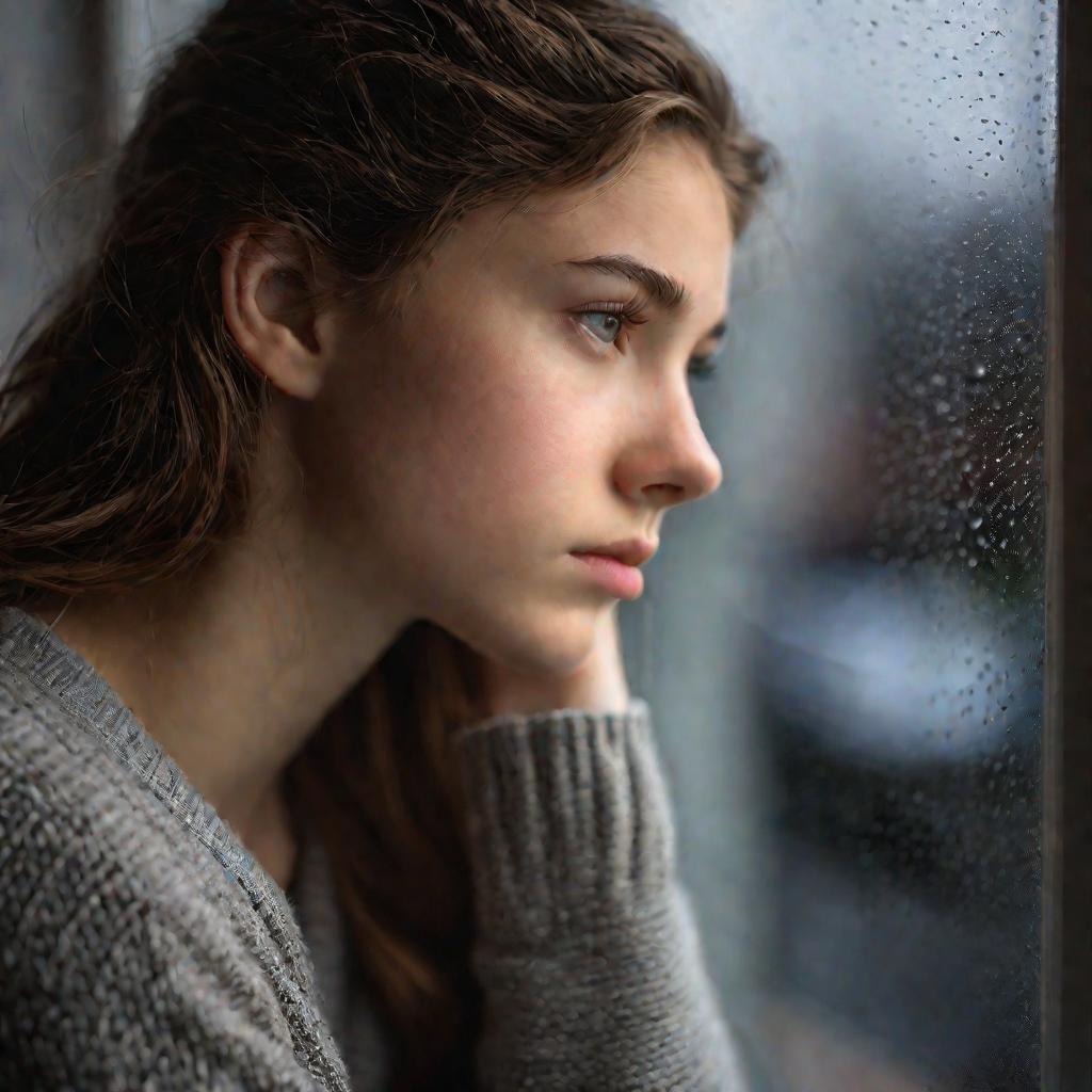 Подросток девушка смотрит в окно задумчиво