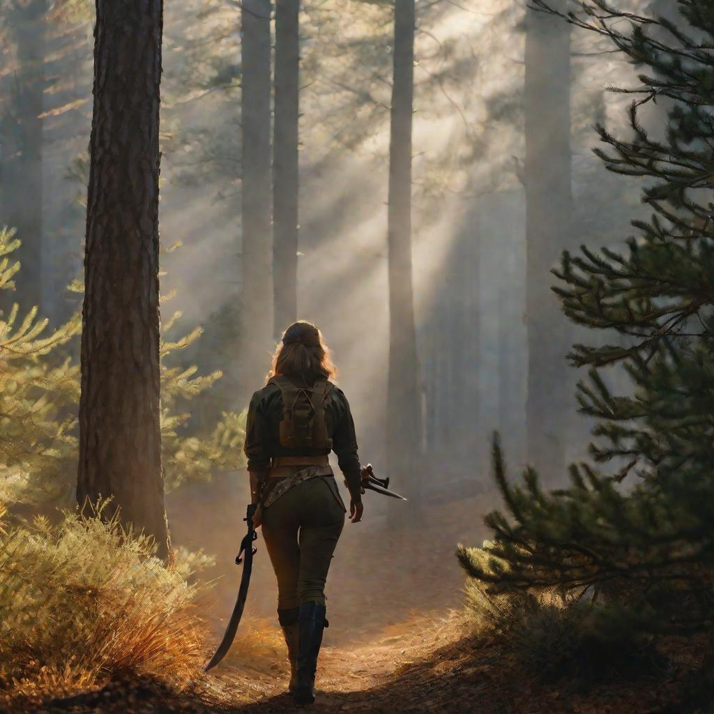 Женщина с ножом идет по лесу, на нее ползет гремучая змея