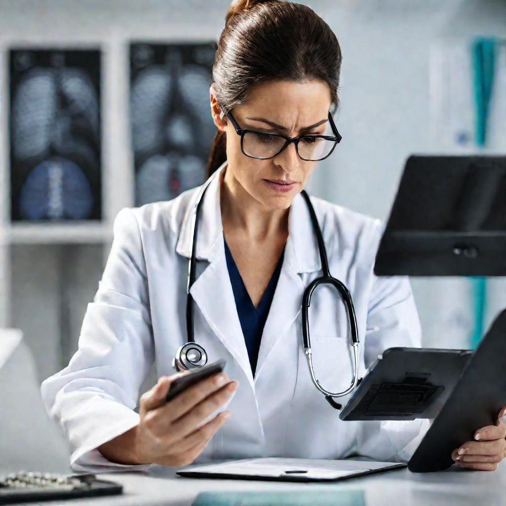 Крупный портрет женщины-врача в белом халате, сосредоточенно изучающей на планшете данные о лечении гипертонии.