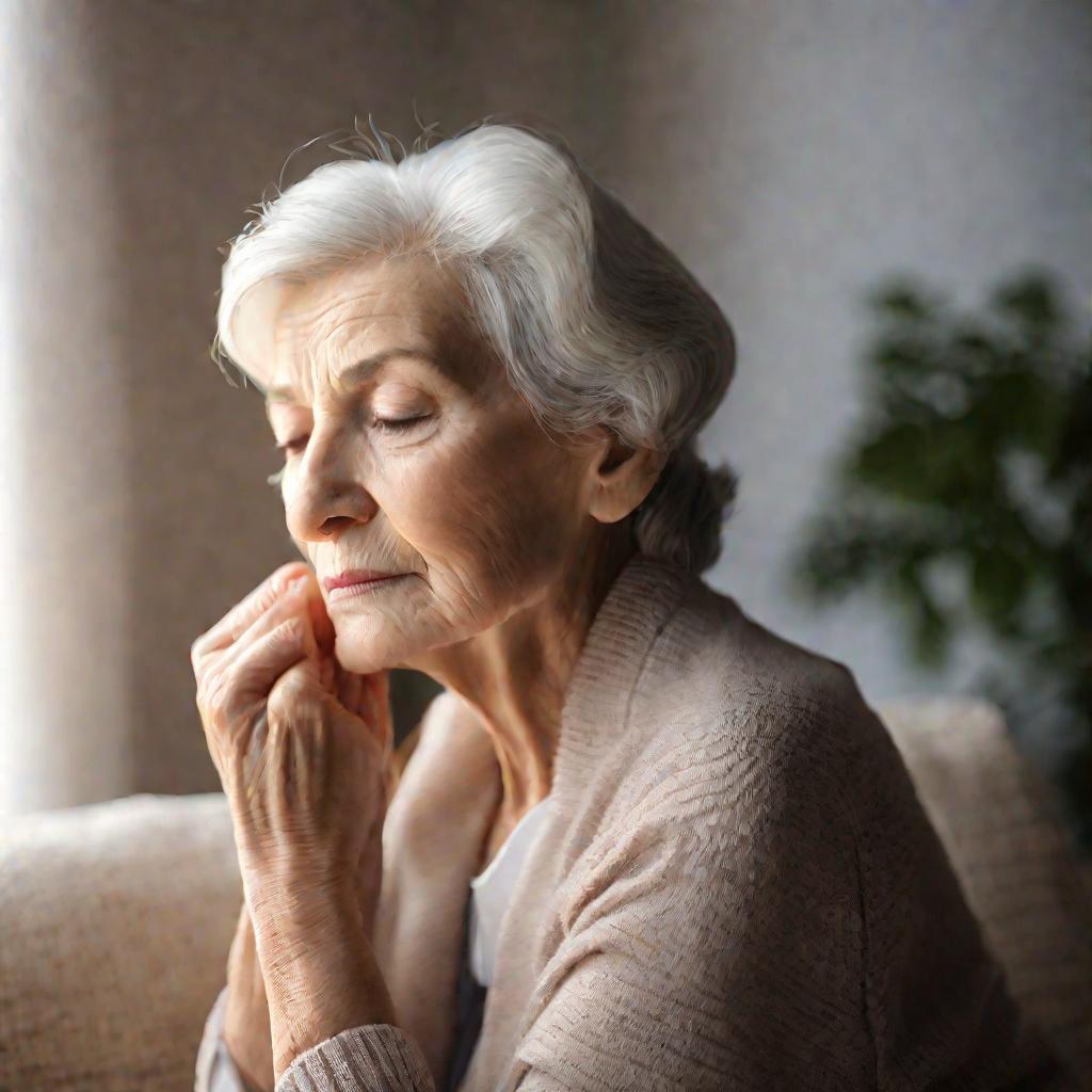 Портрет пожилой женщины, использующей тренажер Самоздрав с закрытыми глазами в сосредоточении