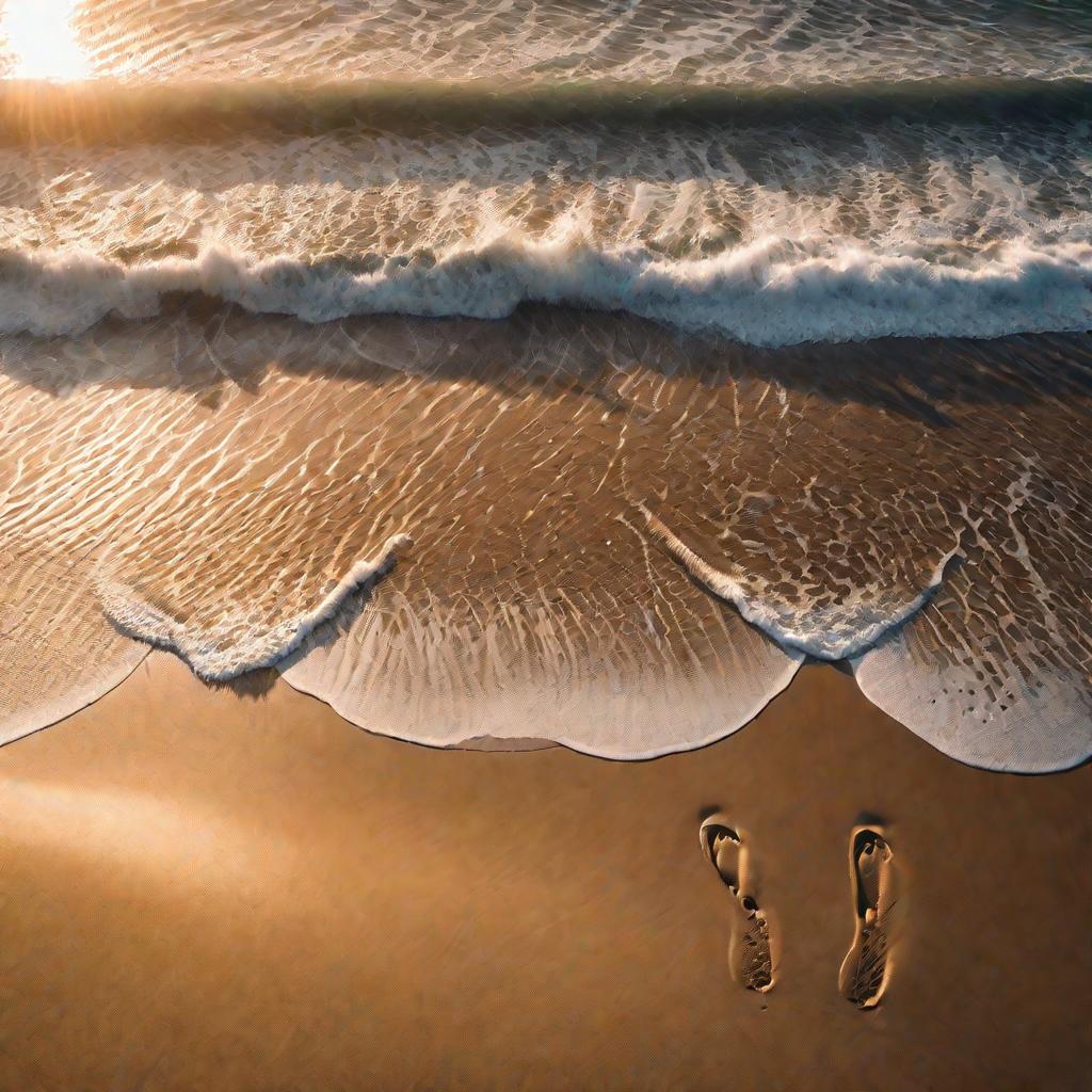 Ноги на песчаном пляже на закате