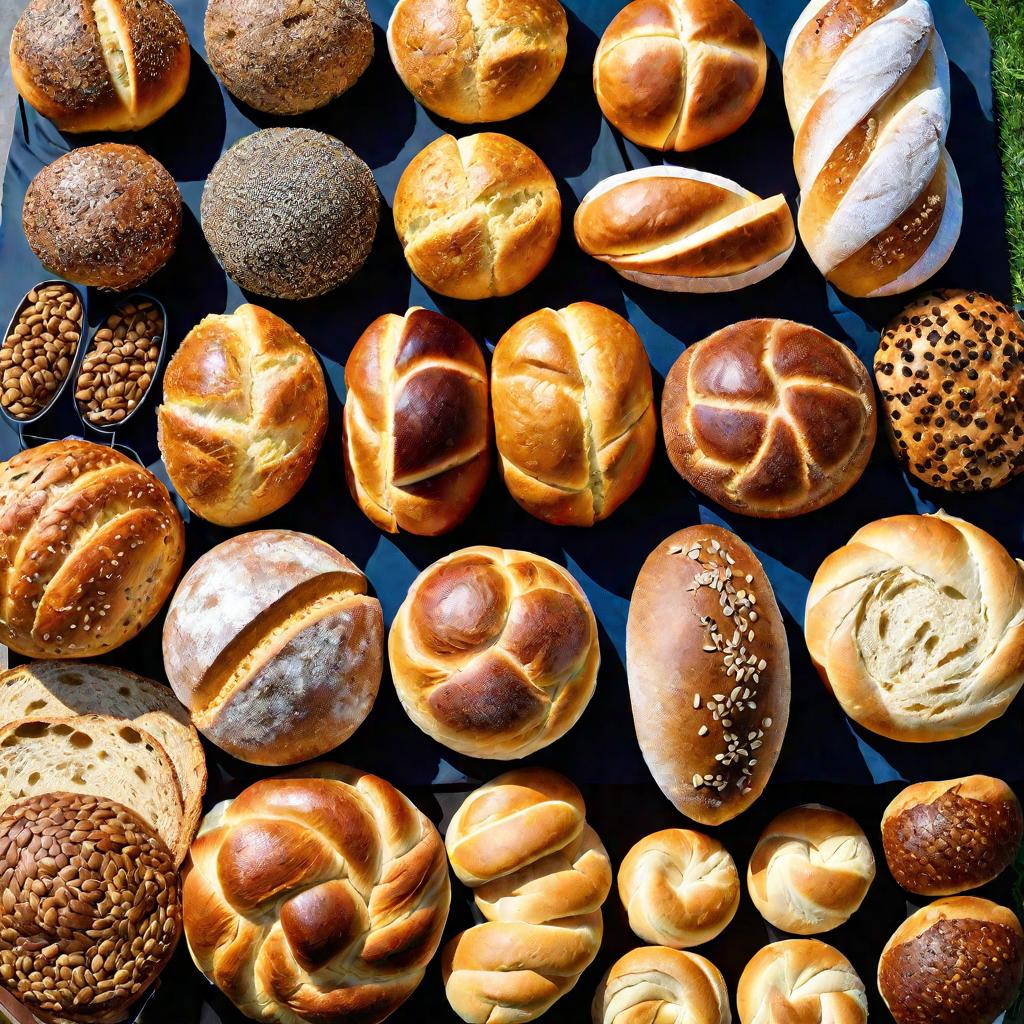 Прилавок на рынке с разными видами бездрожжевого хлеба