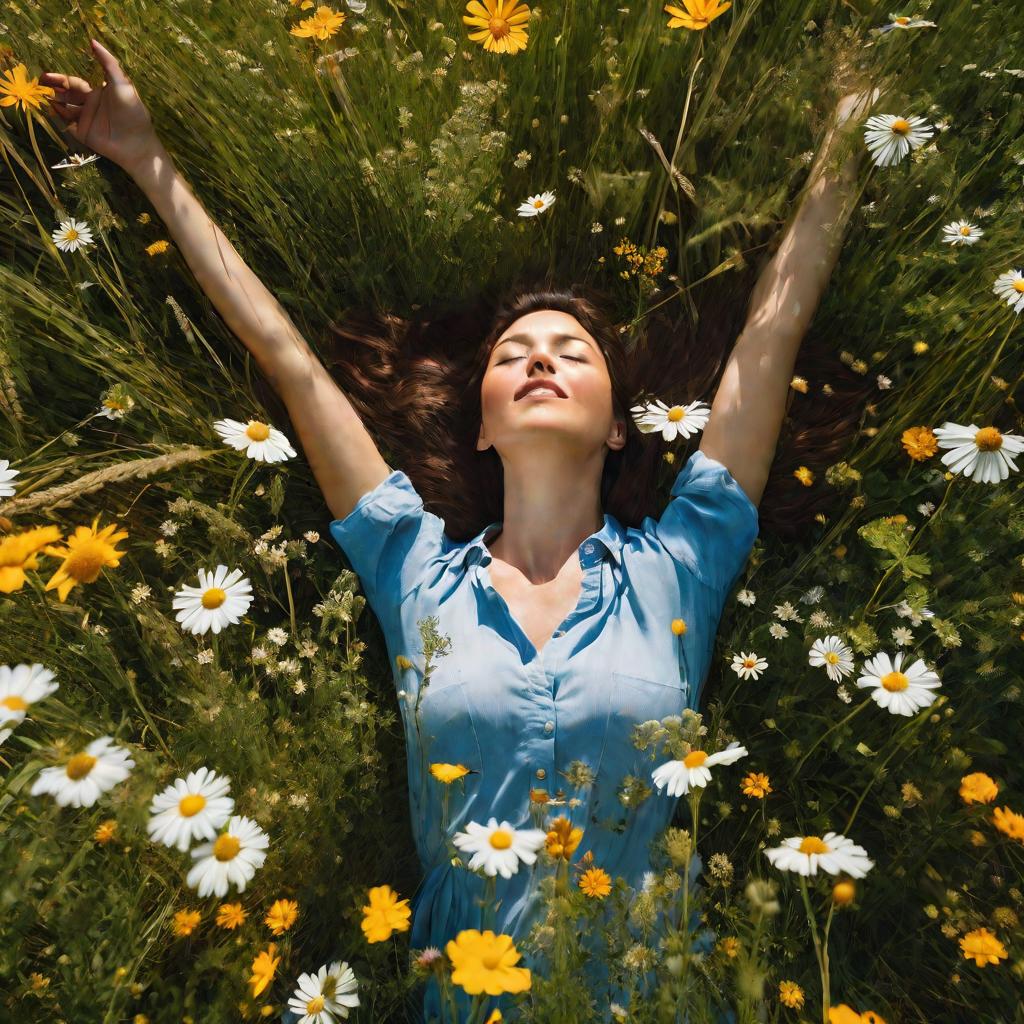 Женщина лежит в цветущем лугу