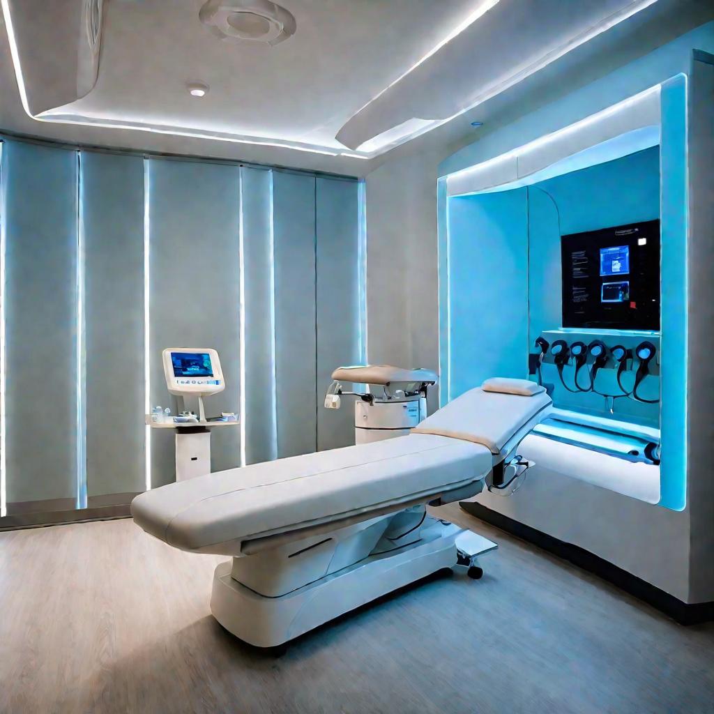 Панорамный вид клиники, где женщине проводят процедуру лазерной эпиляции лица.