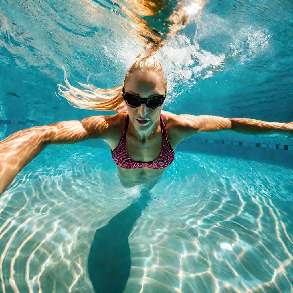 Женщина плавает в бассейне кролем в солнечный день