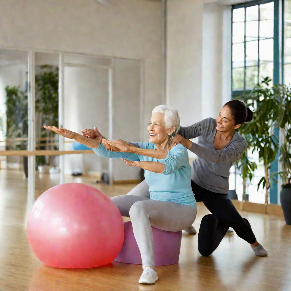 Пожилая женщина делает упражнения во время реабилитации