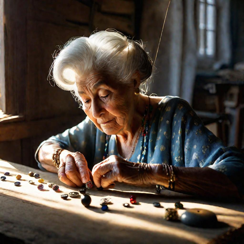 Пожилая женщина нанизывает пуговицы на нить для бусин