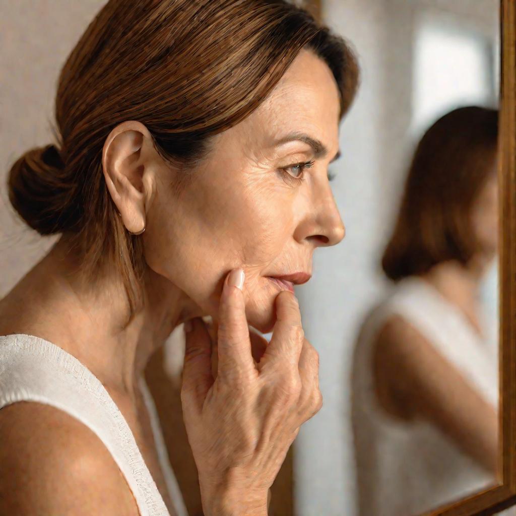 Женщина осматривает морщины на лице в зеркале