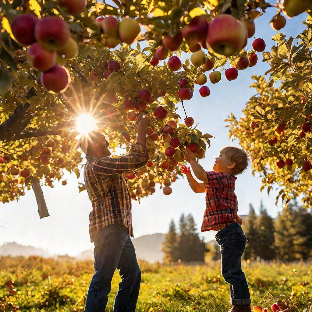 Отец и сын собирают яблоки