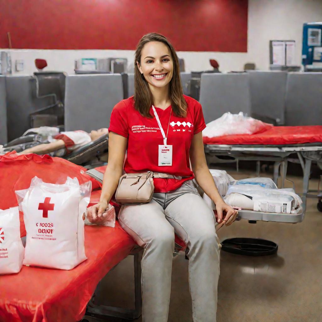 Девушка донор с улыбкой держит пакет сданной крови