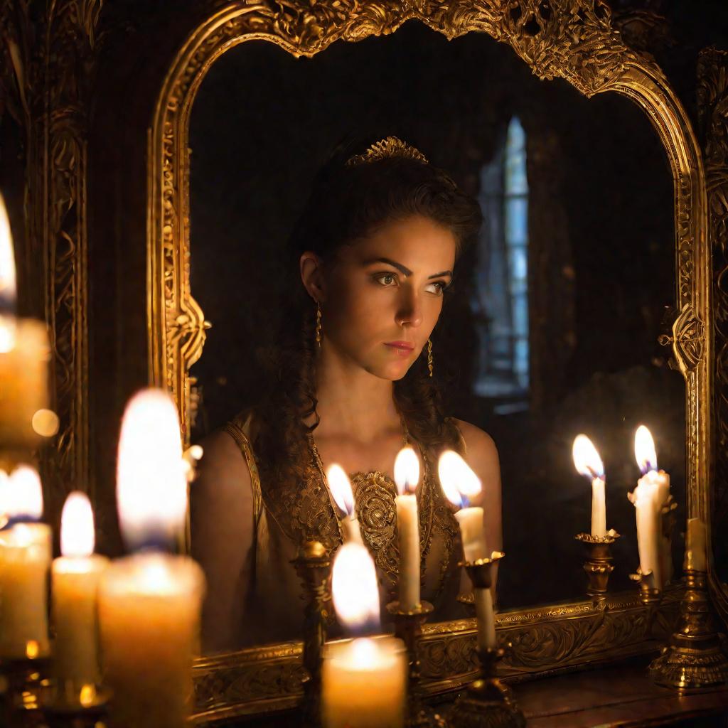 Девушка гадает в зеркале при свечах