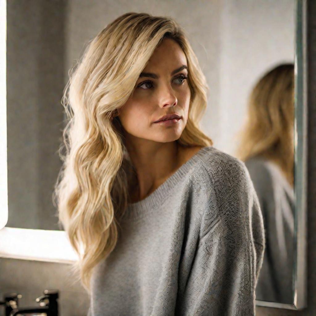 Женщина с blond слегка вьющимися волосами средней длины наклоняет голову набок и смотрит на кончики волос перед зеркалом в ванной комнате в мягком теплом освещении, сосредоточенно разглядывая поврежденные сухие кончики, одета в серый свитер