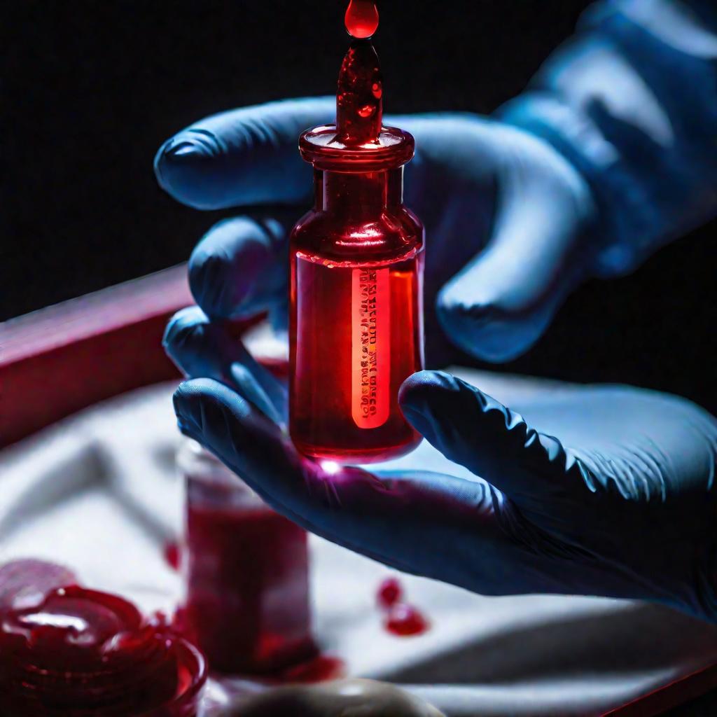 Виал с кровью в руках врача на фоне красного света