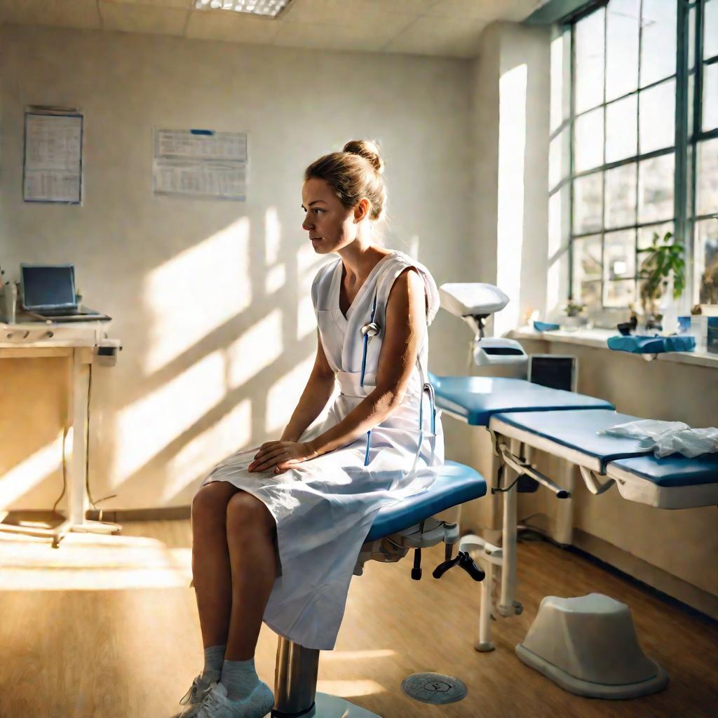 Портрет молодой пациентки, сидящей на медицинском столе в кабинете врача.