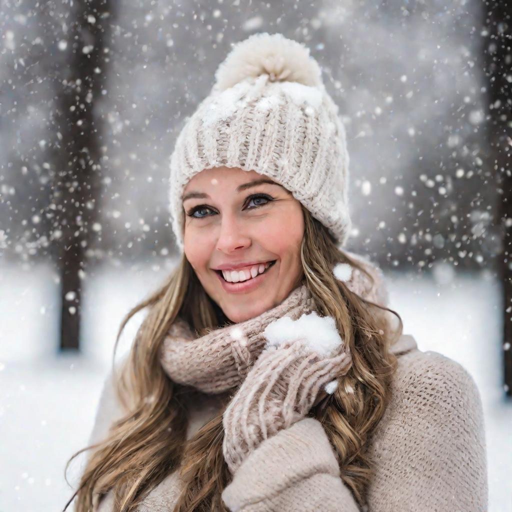 Беременная женщина на фоне снегопада