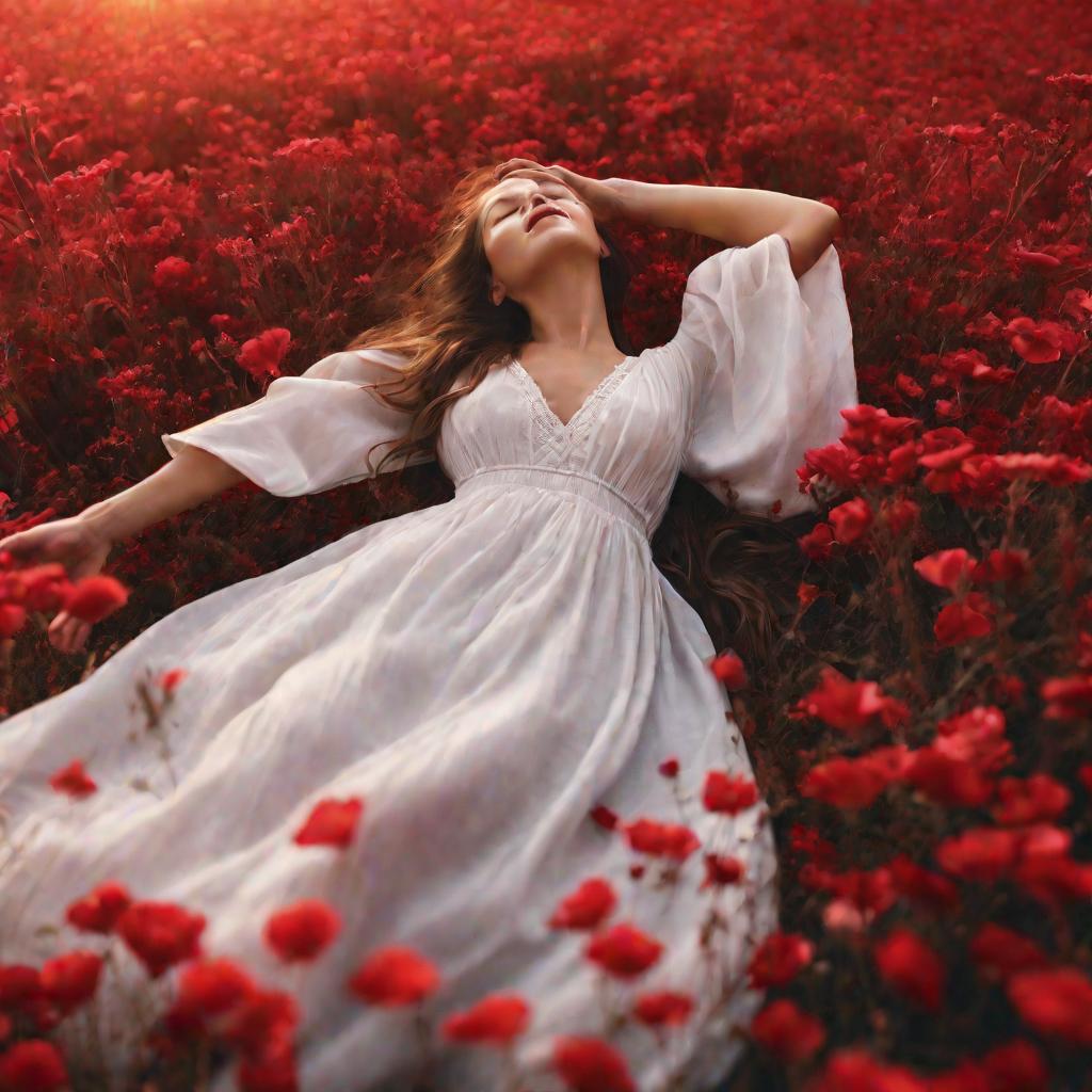 Девушка в красном цветочном поле