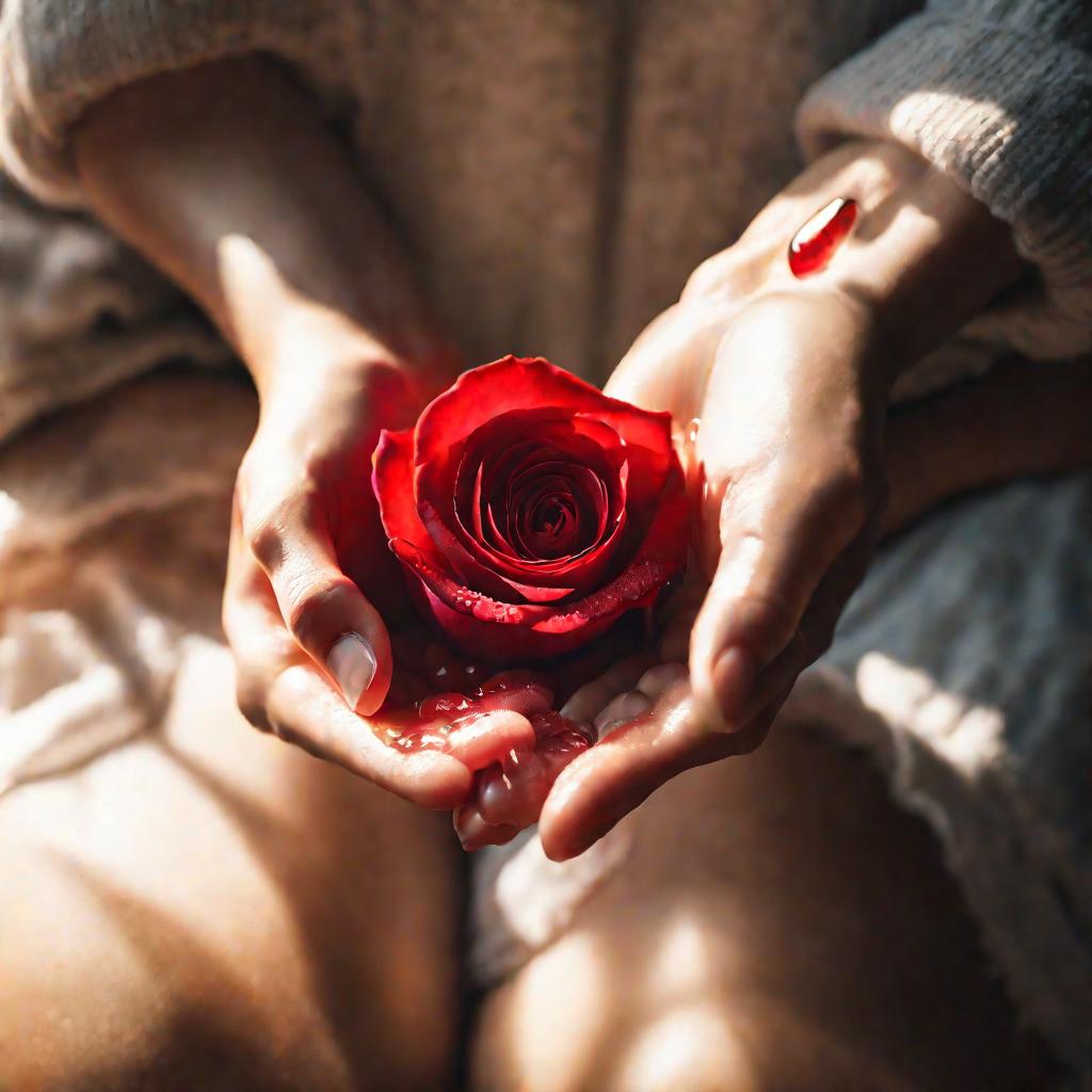 Руки держат красную розу у окна