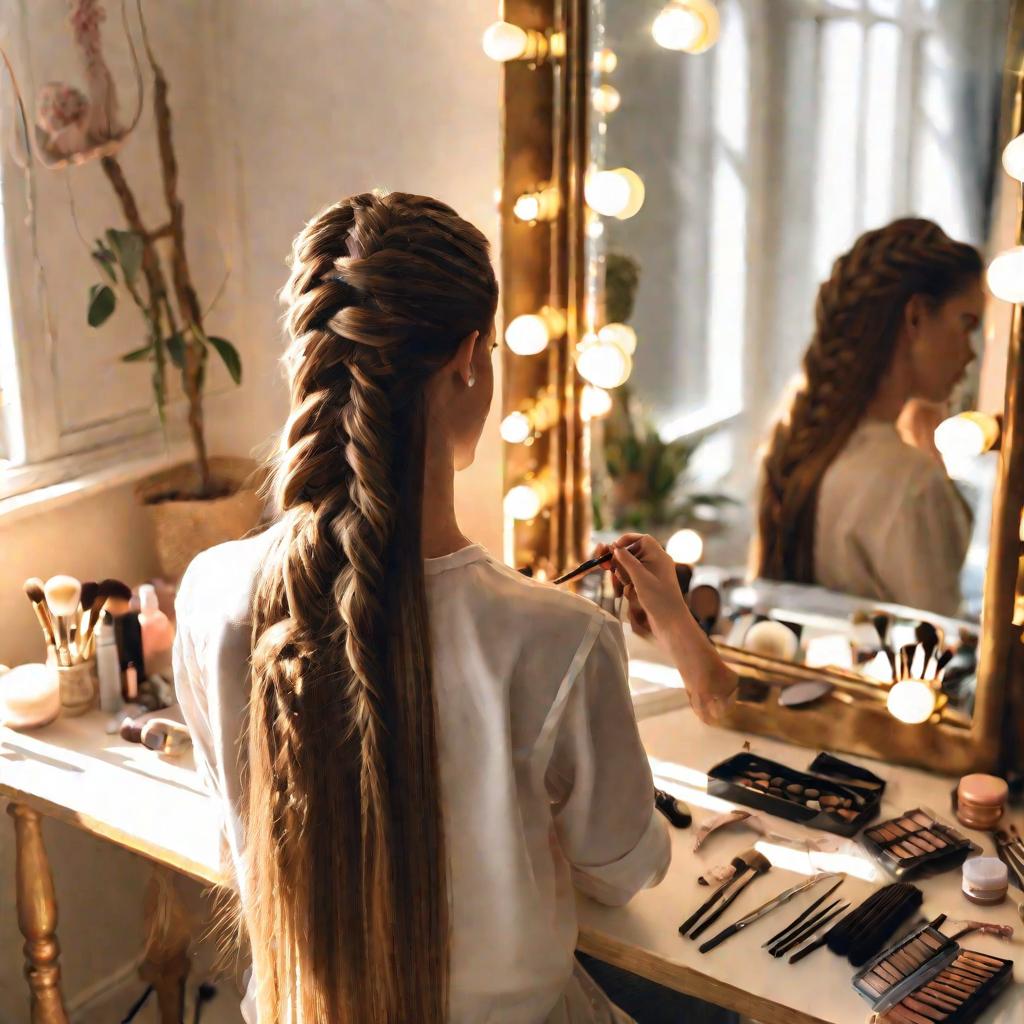 Женщина, заплетающая боковую косу «рыбий хвост» перед зеркалом в светлой комнате.