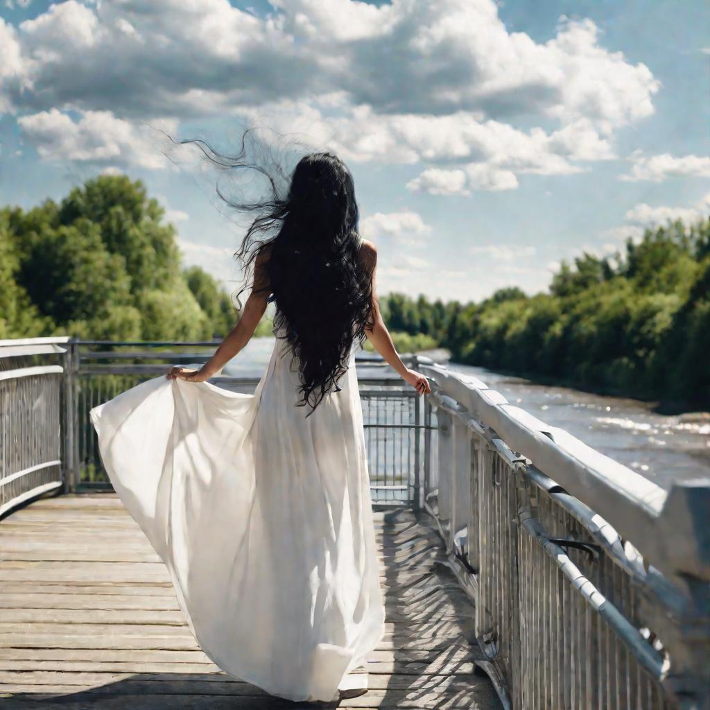 Женщина с очень длинными черными волосами стоит на мосту в белом платье, распустив свои волосы по спине.