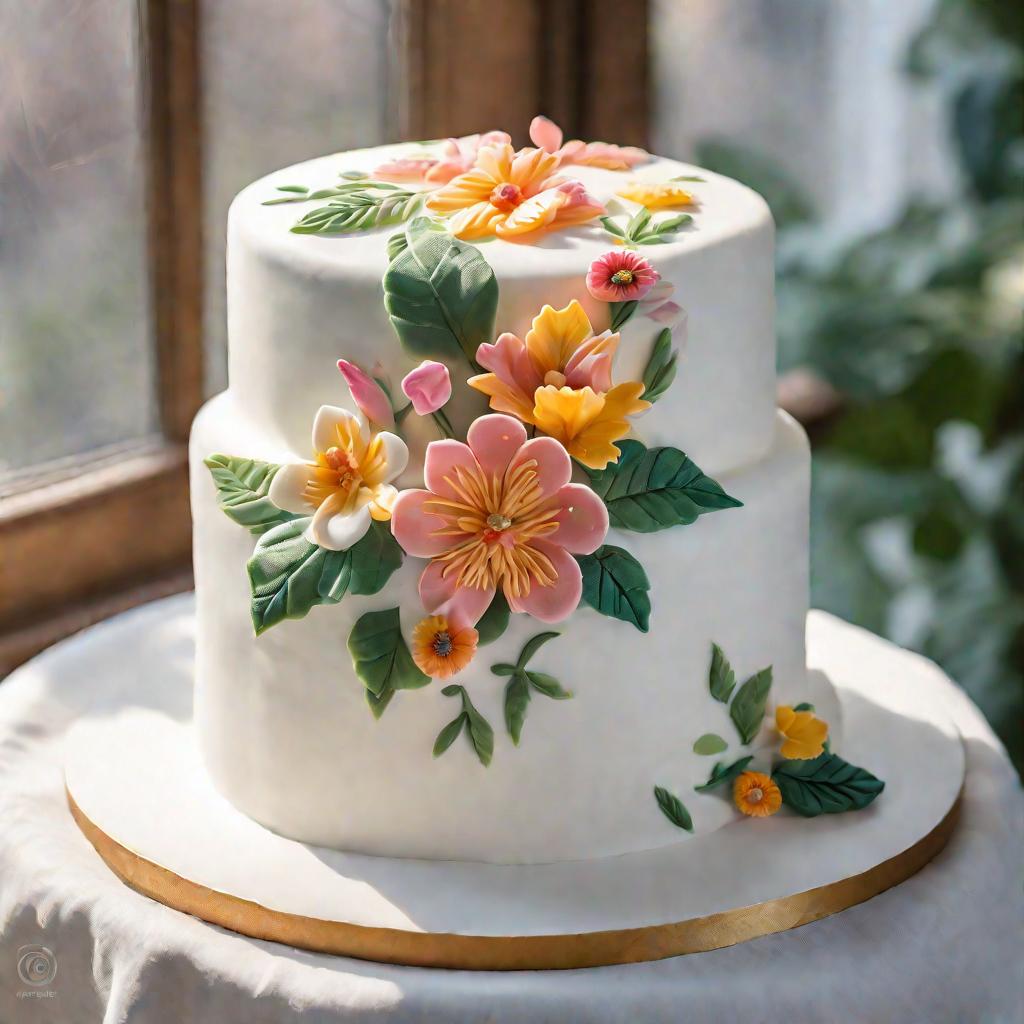 Свадебный торт, украшенный цветами из мастики