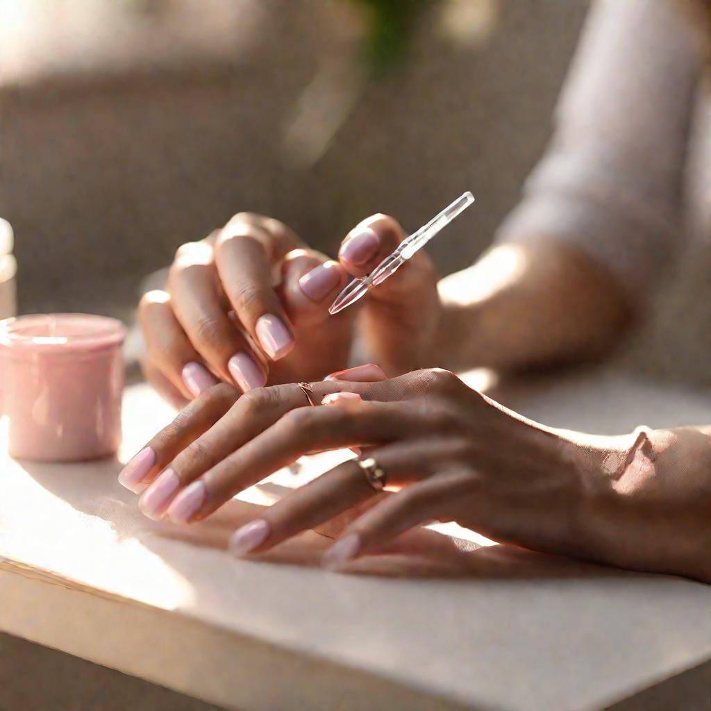 Женщина наклеивает акриловые ногти френч дома