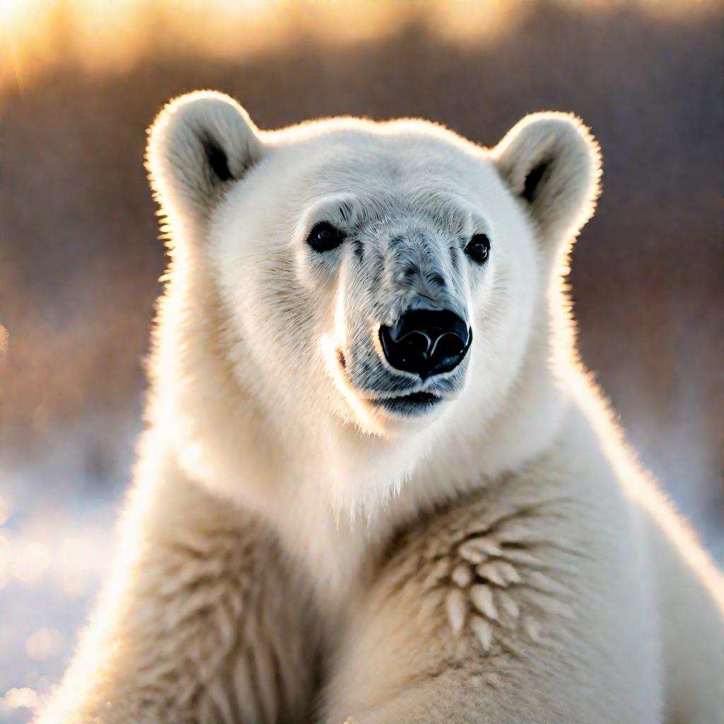 Белый медвежонок сидит в снегу на закате солнца